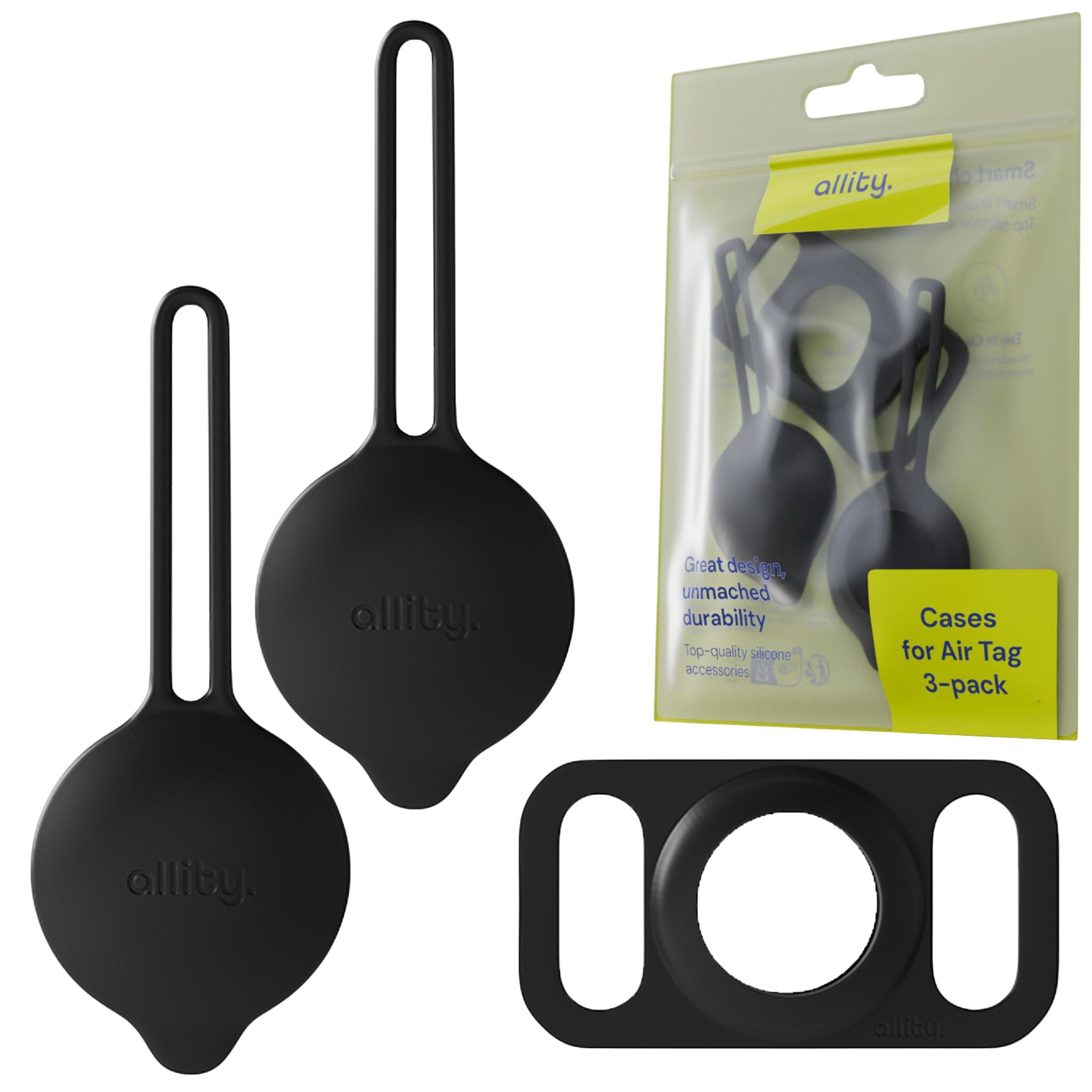 Silikonhülle für Apple AirTag, Allity ASA-300, 3 Stück, Schwarz