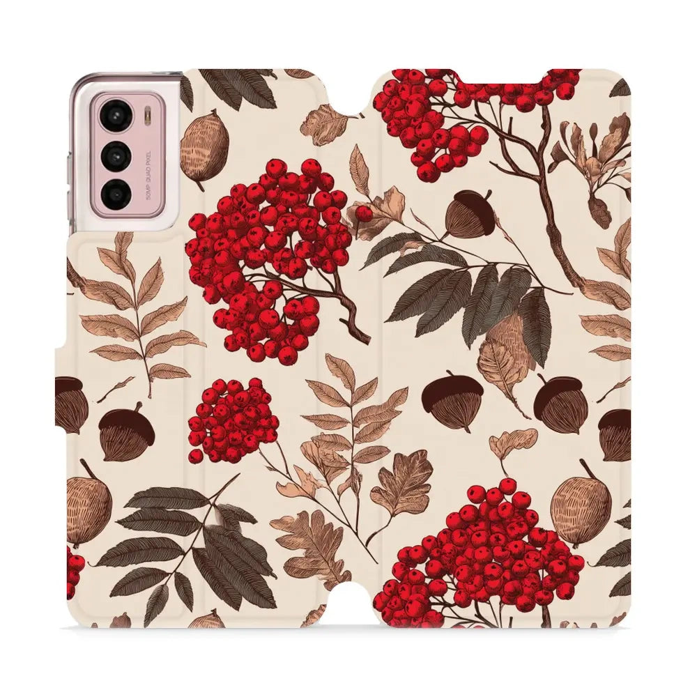 Handyhülle mit klappe für Motorola Moto G42, Mobiwear Book, Vogelbeeren auf Ecru