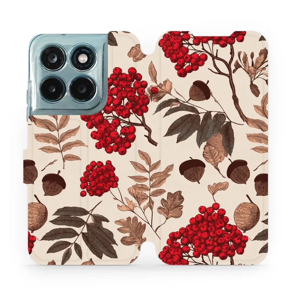 Handyhülle mit klappe für Motorola Moto G77 5G, Mobiwear Book, Vogelbeeren auf Ecru