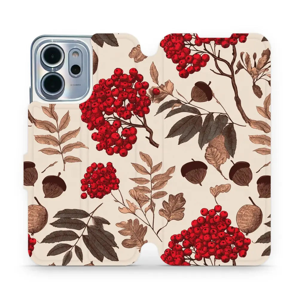 Handyhülle mit klappe für OPPO Reno14 F, Mobiwear Book, Vogelbeeren auf Ecru