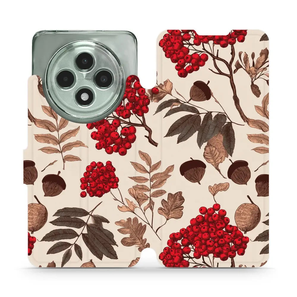 Handyhülle mit klappe für OPPO Reno12 FS, Mobiwear Book, Vogelbeeren auf Ecru