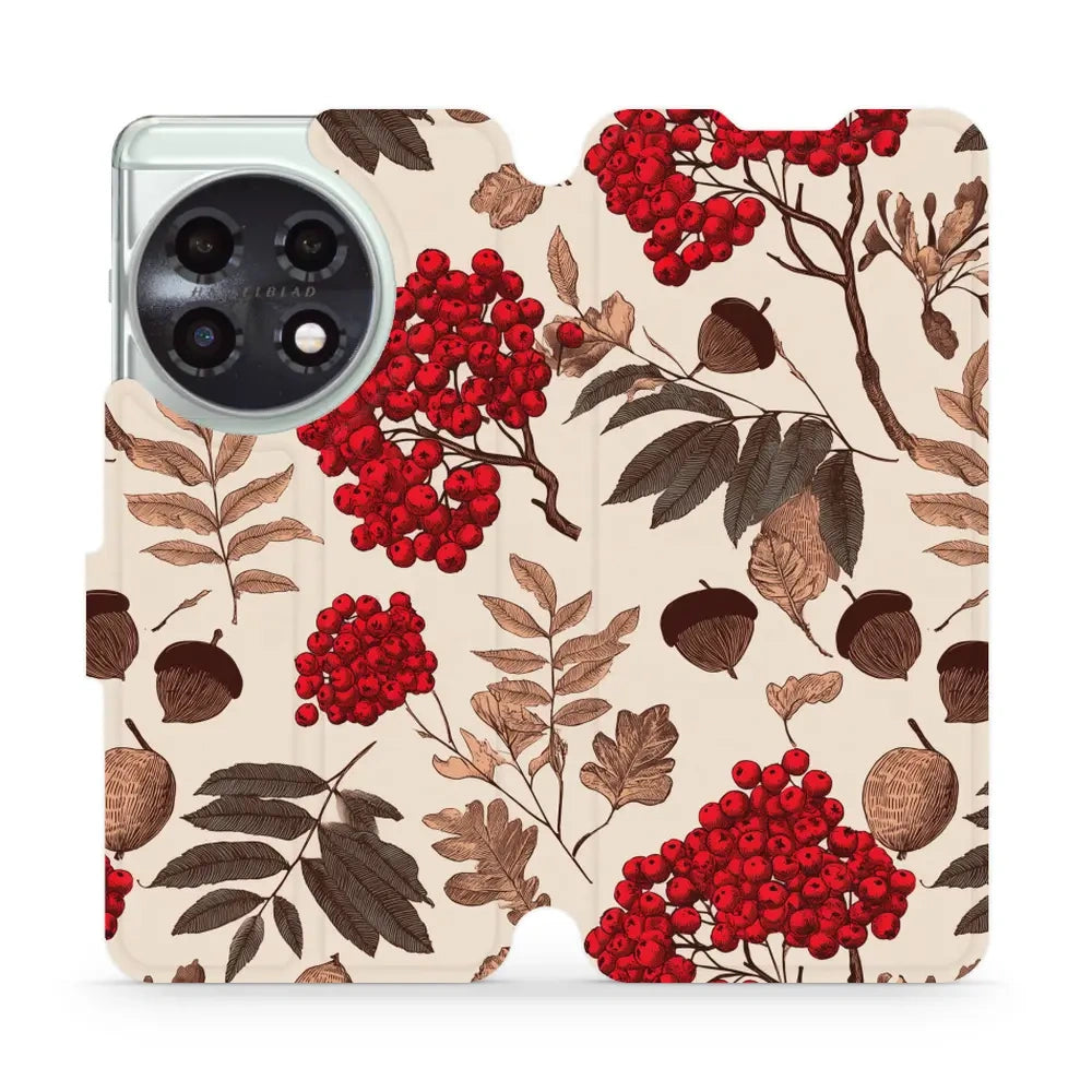 Handyhülle mit klappe für OnePlus 11, Mobiwear Book, Vogelbeeren auf Ecru