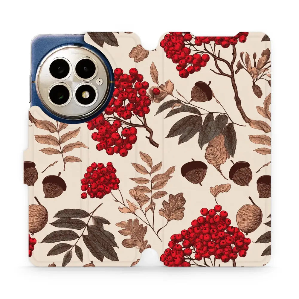 Handyhülle mit klappe für OnePlus 13, Mobiwear Book, Vogelbeeren auf Ecru