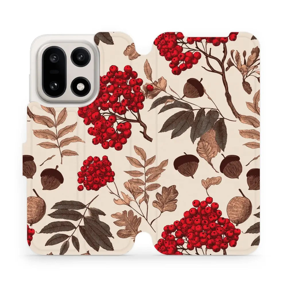 Handyhülle mit klappe für OnePlus 15, Mobiwear Book, Vogelbeeren auf Ecru
