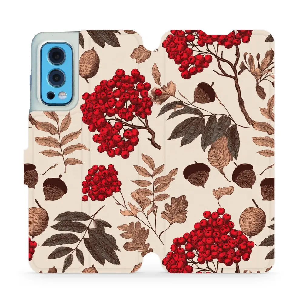 Handyhülle mit klappe für OnePlus Nord 2 5G, Mobiwear Book, Vogelbeeren auf Ecru
