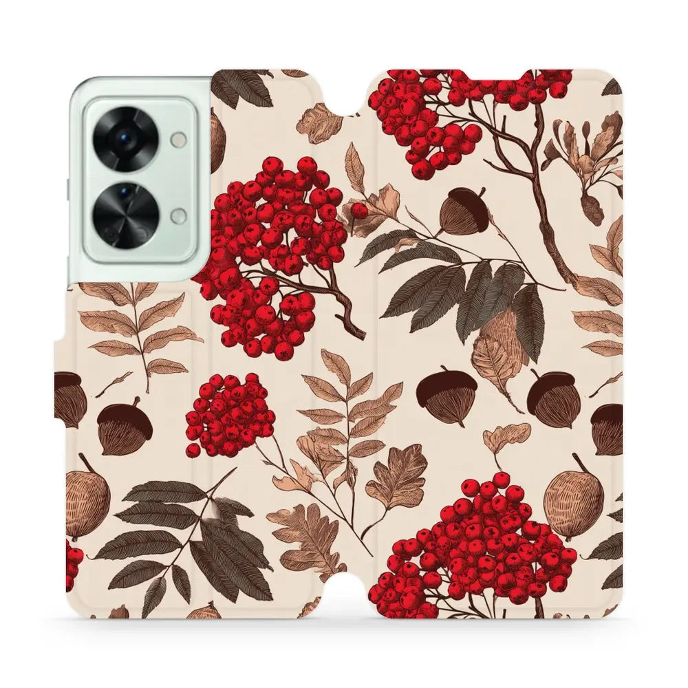 Handyhülle mit klappe für OnePlus Nord 2T, Mobiwear Book, Vogelbeeren auf Ecru