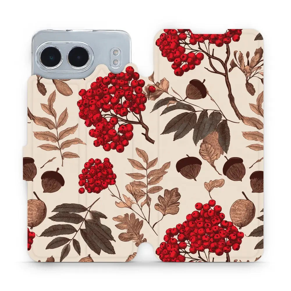 Handyhülle mit klappe für OnePlus Nord 4, Mobiwear Book, Vogelbeeren auf Ecru