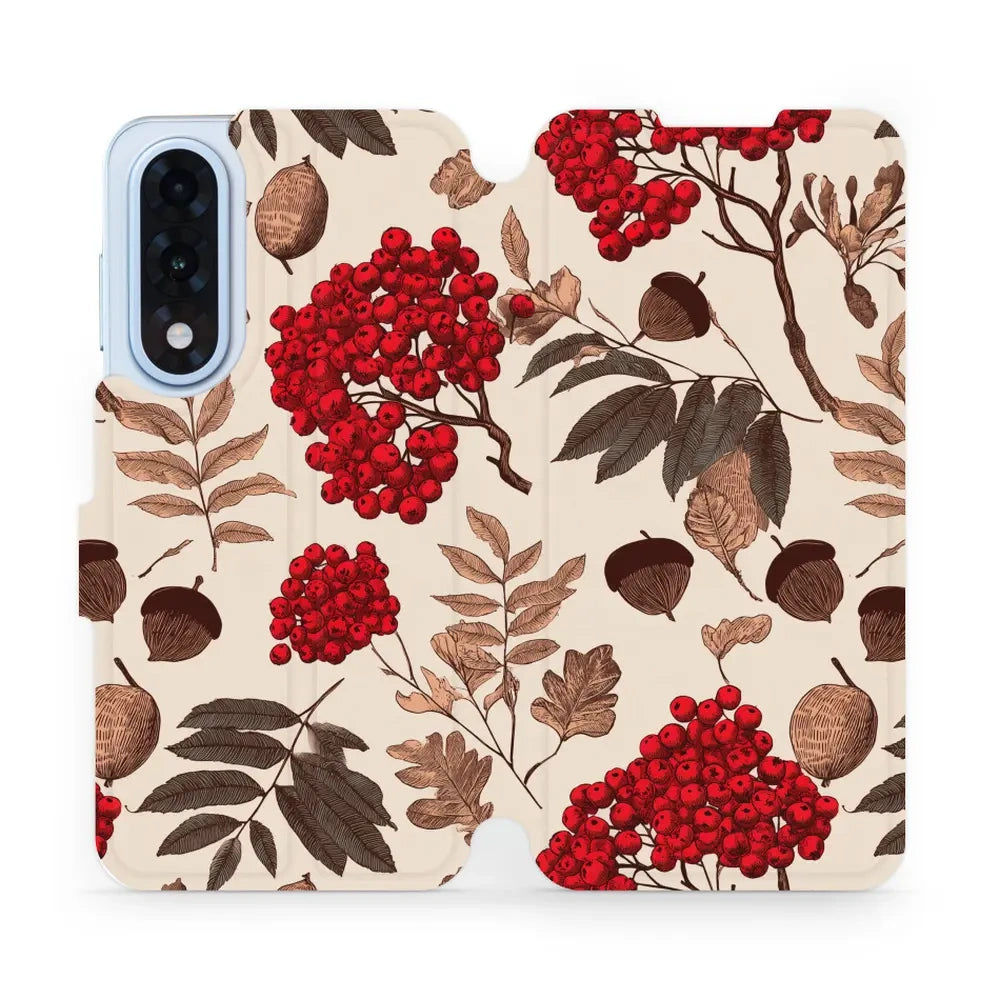 Handyhülle mit klappe für OnePlus Nord 5, Mobiwear Book, Vogelbeeren auf Ecru