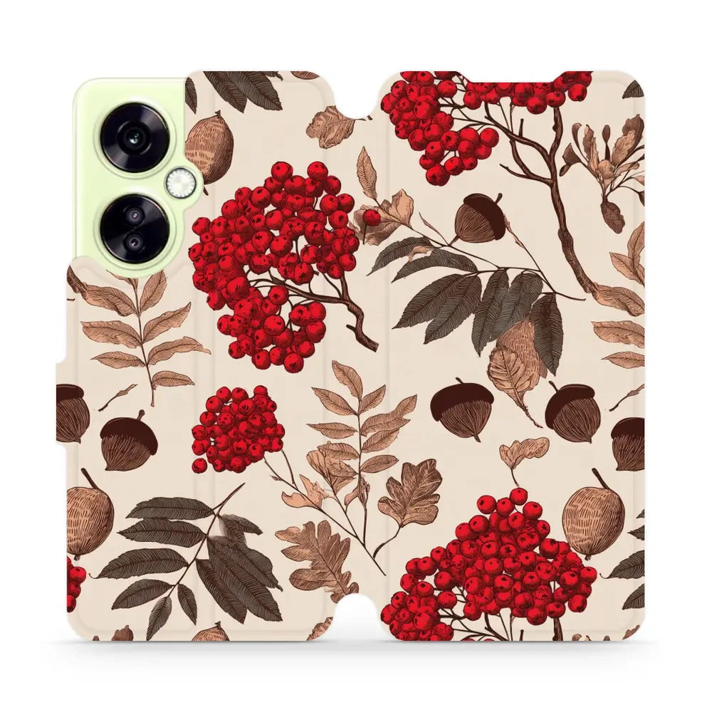 Handyhülle mit klappe für OnePlus Nord CE 3 Lite, Mobiwear Book, Vogelbeeren auf Ecru