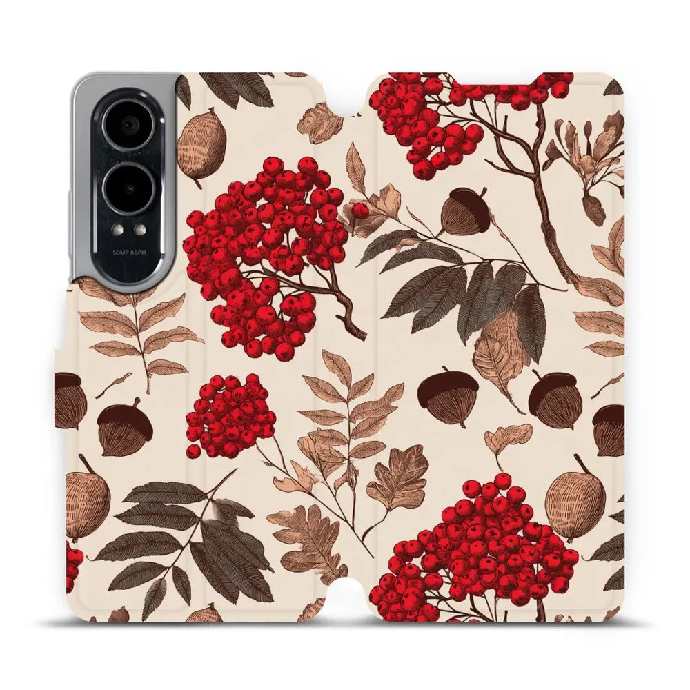 Handyhülle mit klappe für OnePlus Nord CE4 Lite 5G, Mobiwear Book, Vogelbeeren auf Ecru