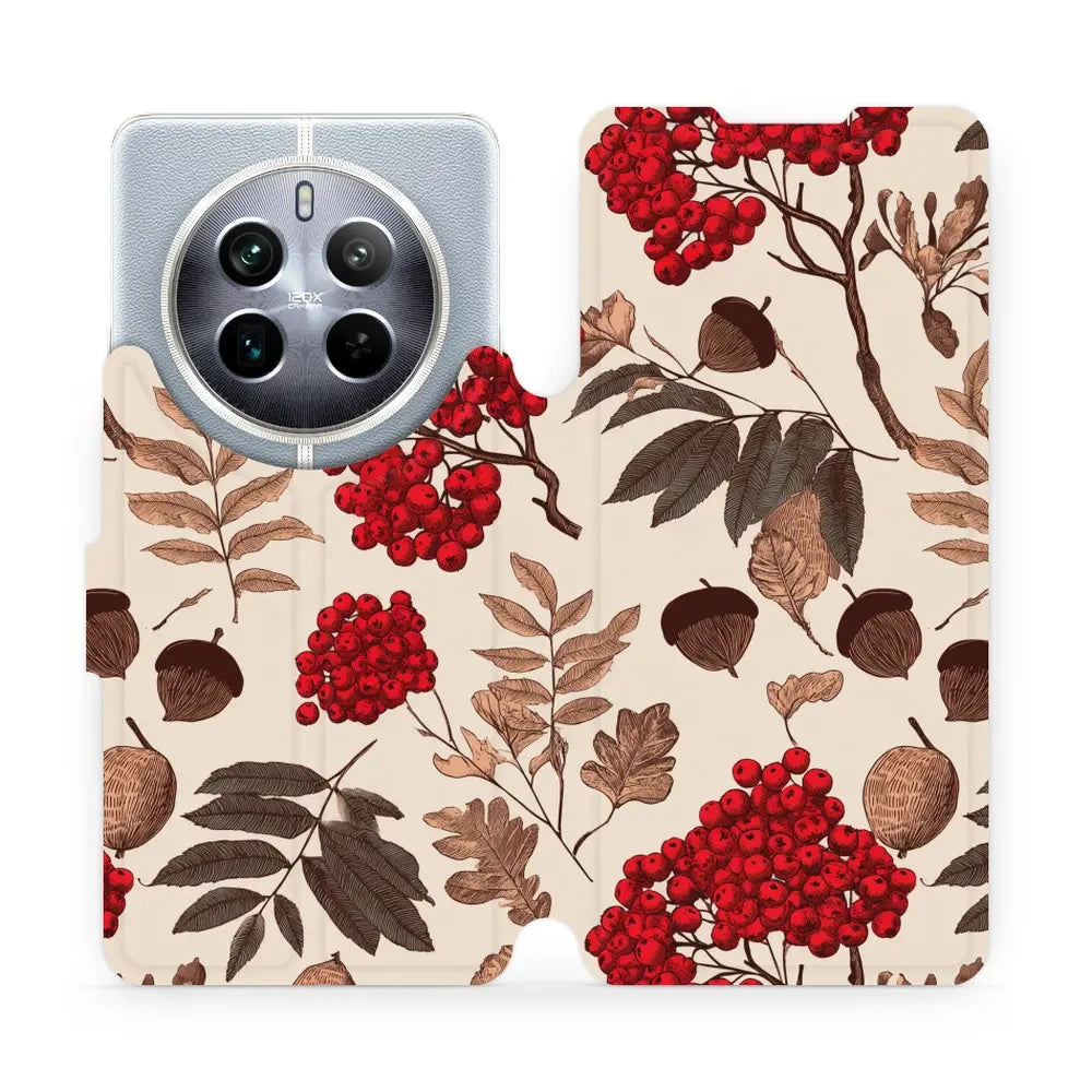 Handyhülle mit klappe für realme 12 Pro, Mobiwear Book, Vogelbeeren auf Ecru
