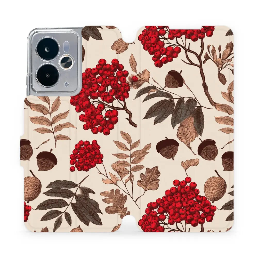 Handyhülle mit klappe für realme 14T 5G, Mobiwear Book, Vogelbeeren auf Ecru