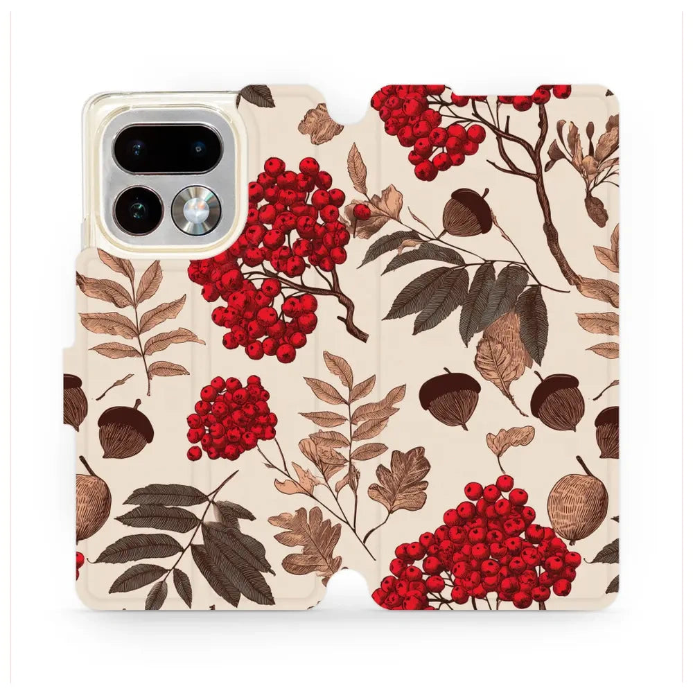 Handyhülle mit klappe für realme 16 Pro Plus 5G, Mobiwear Book, Vogelbeeren auf Ecru
