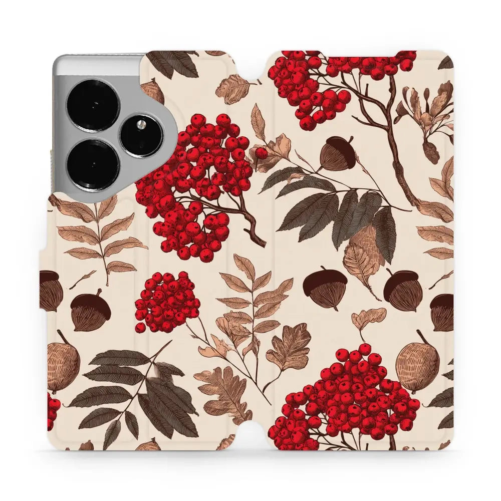 Handyhülle mit klappe für realme GT 6, Mobiwear Book, Vogelbeeren auf Ecru