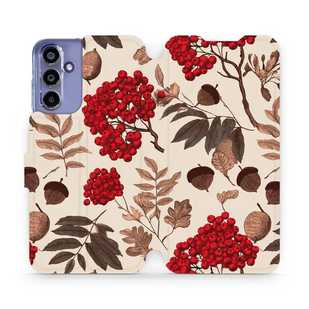 Handyhülle mit klappe für Galaxy A15 4G, Mobiwear Book, Vogelbeeren auf Ecru