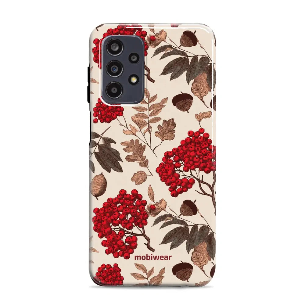 Handyhülle für Galaxy A23 5G / 4G, Mobiwear Elite Pro, Vogelbeeren auf Ecru