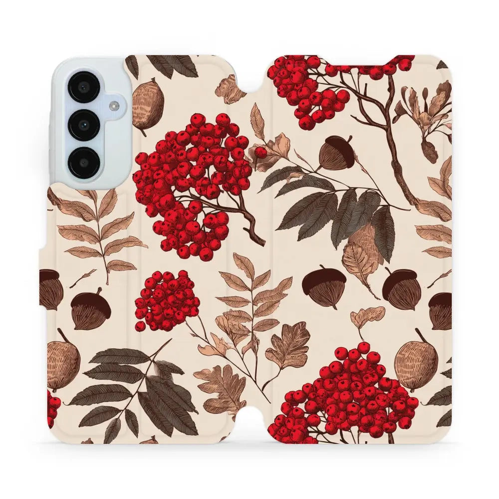 Handyhülle mit klappe für Galaxy A25 5G, Mobiwear Book, Vogelbeeren auf Ecru