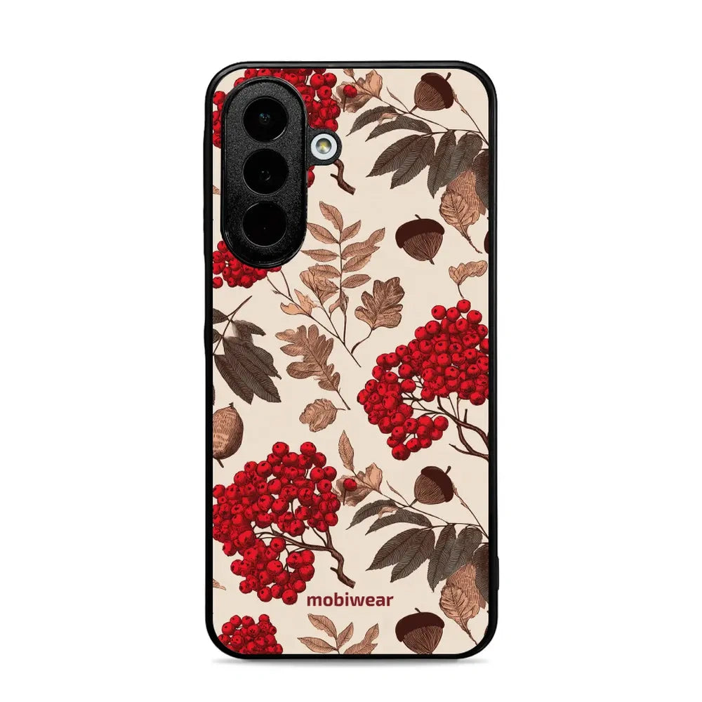 Handyhülle für Galaxy A27 5G, Mobiwear Glossy Case, Vogelbeeren auf Ecru
