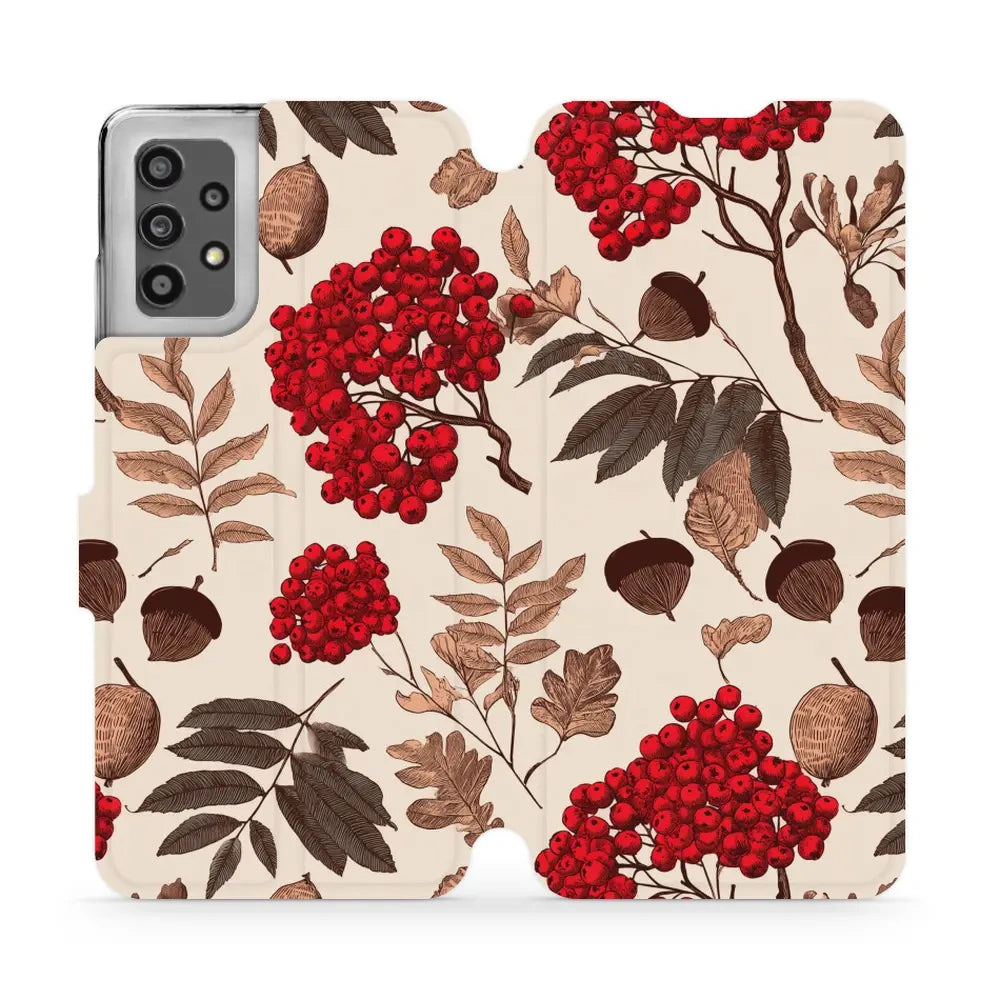 Handyhülle mit klappe für Galaxy A32 4G, Mobiwear Book, Vogelbeeren auf Ecru