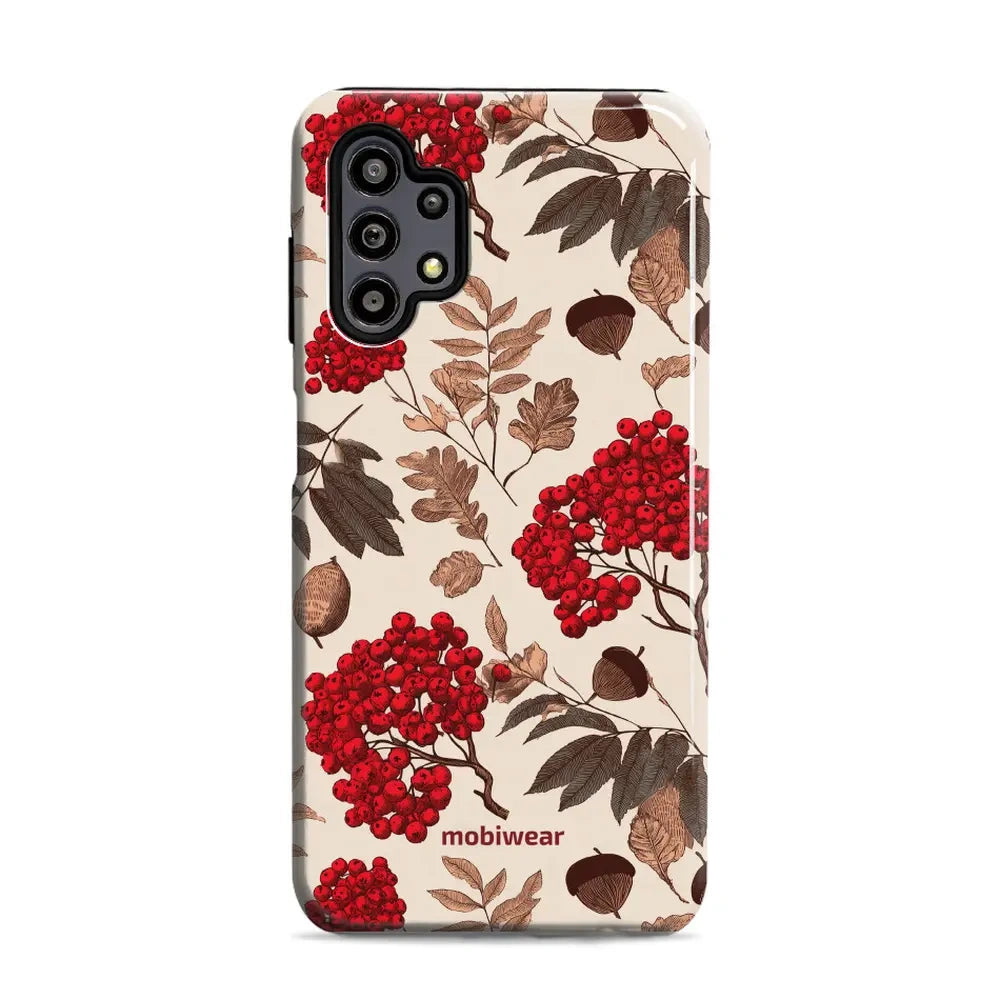 Handyhülle für Galaxy A32 5G, Mobiwear Elite Pro, Vogelbeeren auf Ecru