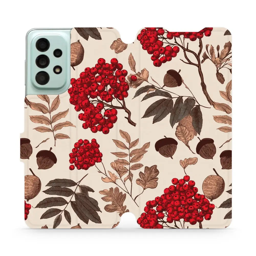 Handyhülle mit klappe für Galaxy A33 5G, Mobiwear Book, Vogelbeeren auf Ecru