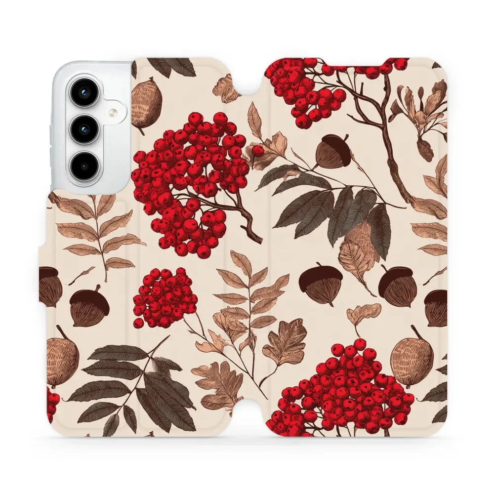 Handyhülle mit klappe für Galaxy A35 5G, Mobiwear Book, Vogelbeeren auf Ecru