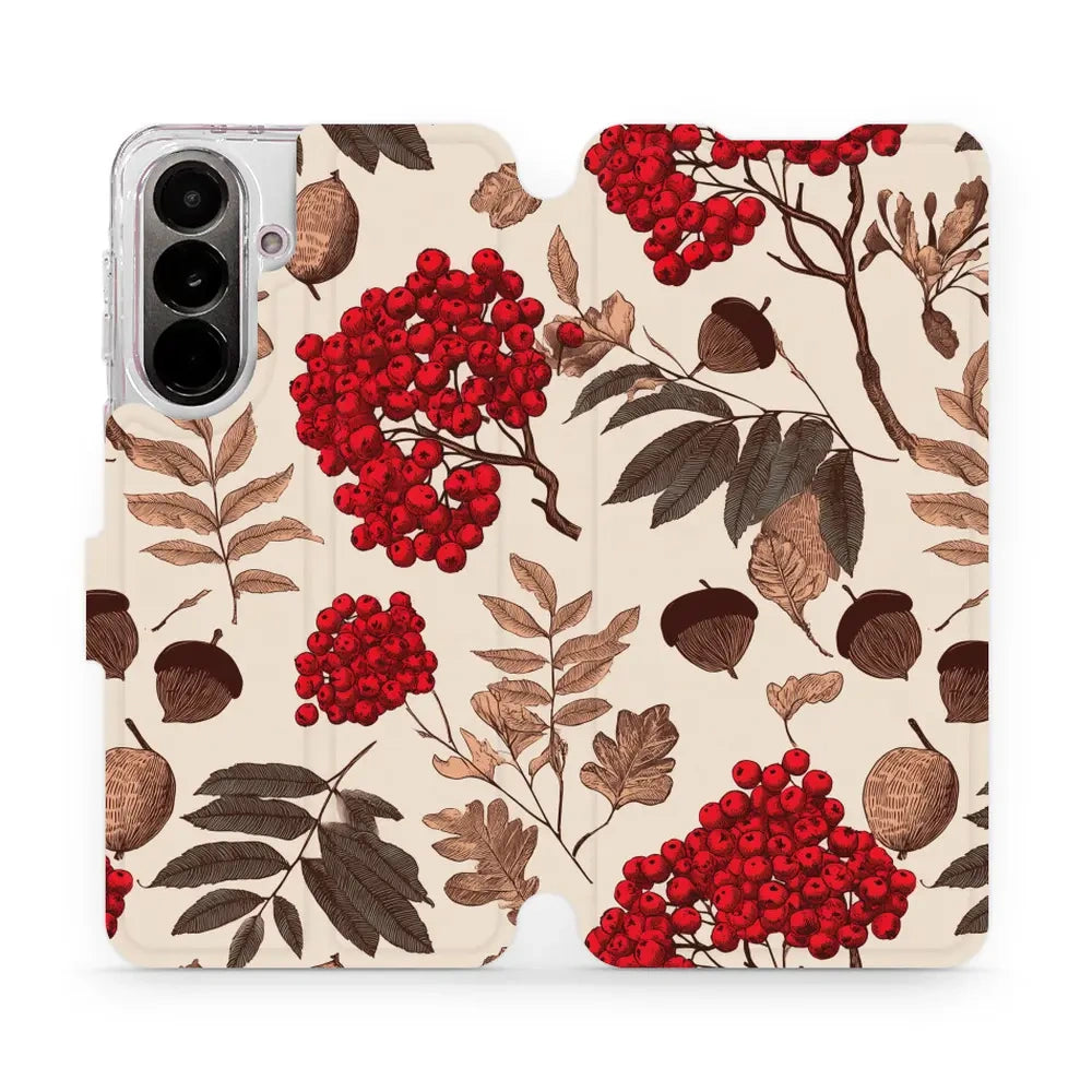 Handyhülle mit klappe für Galaxy A37 5G, Mobiwear Book, Vogelbeeren auf Ecru