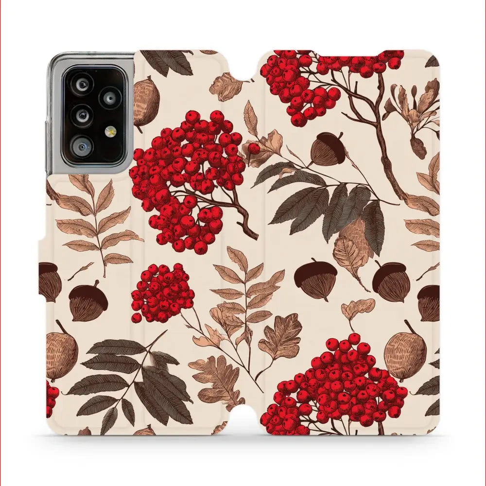 Handyhülle mit klappe für Galaxy A52s 5G, Mobiwear Book, Vogelbeeren auf Ecru
