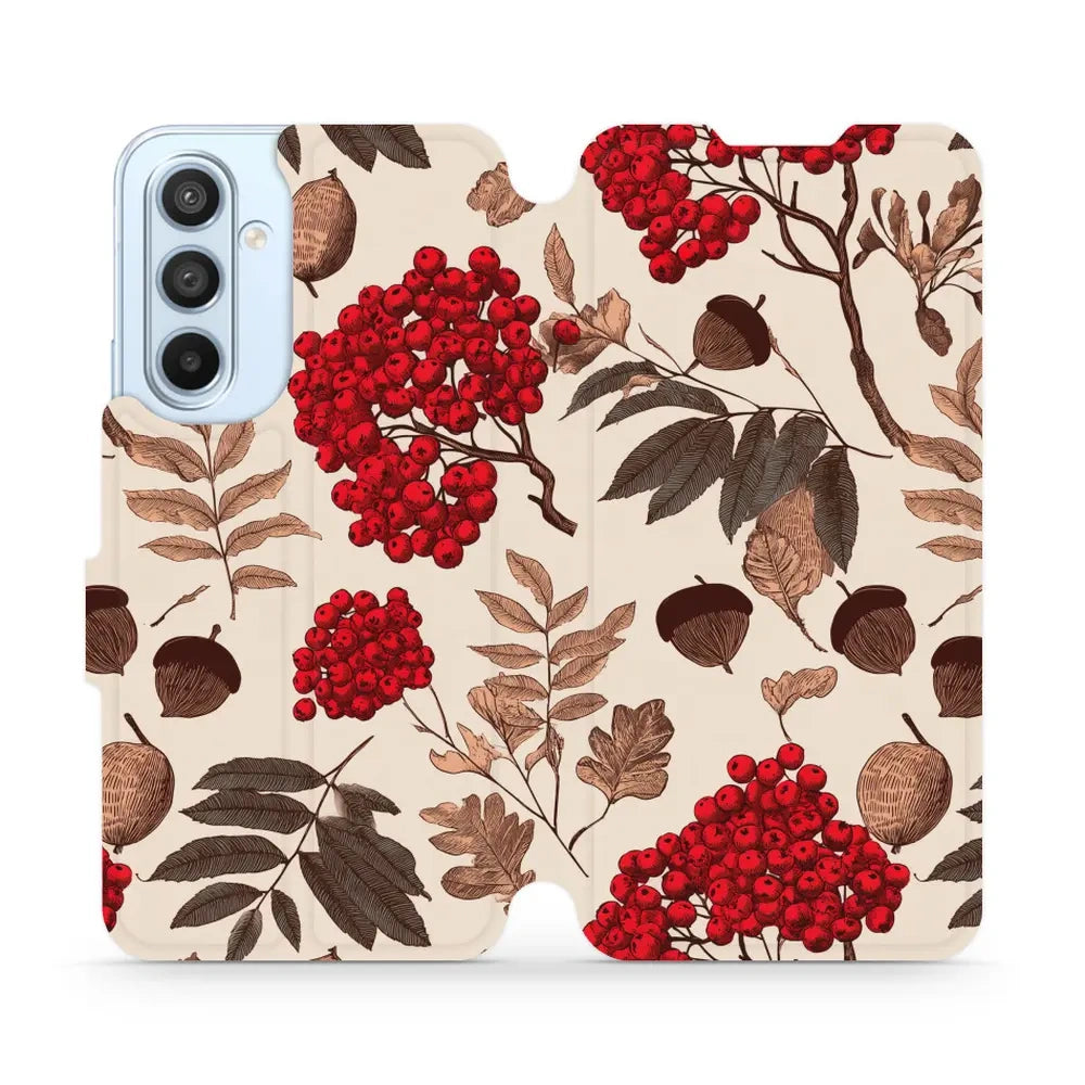 Handyhülle mit klappe für Galaxy A54 5G, Mobiwear Book, Vogelbeeren auf Ecru