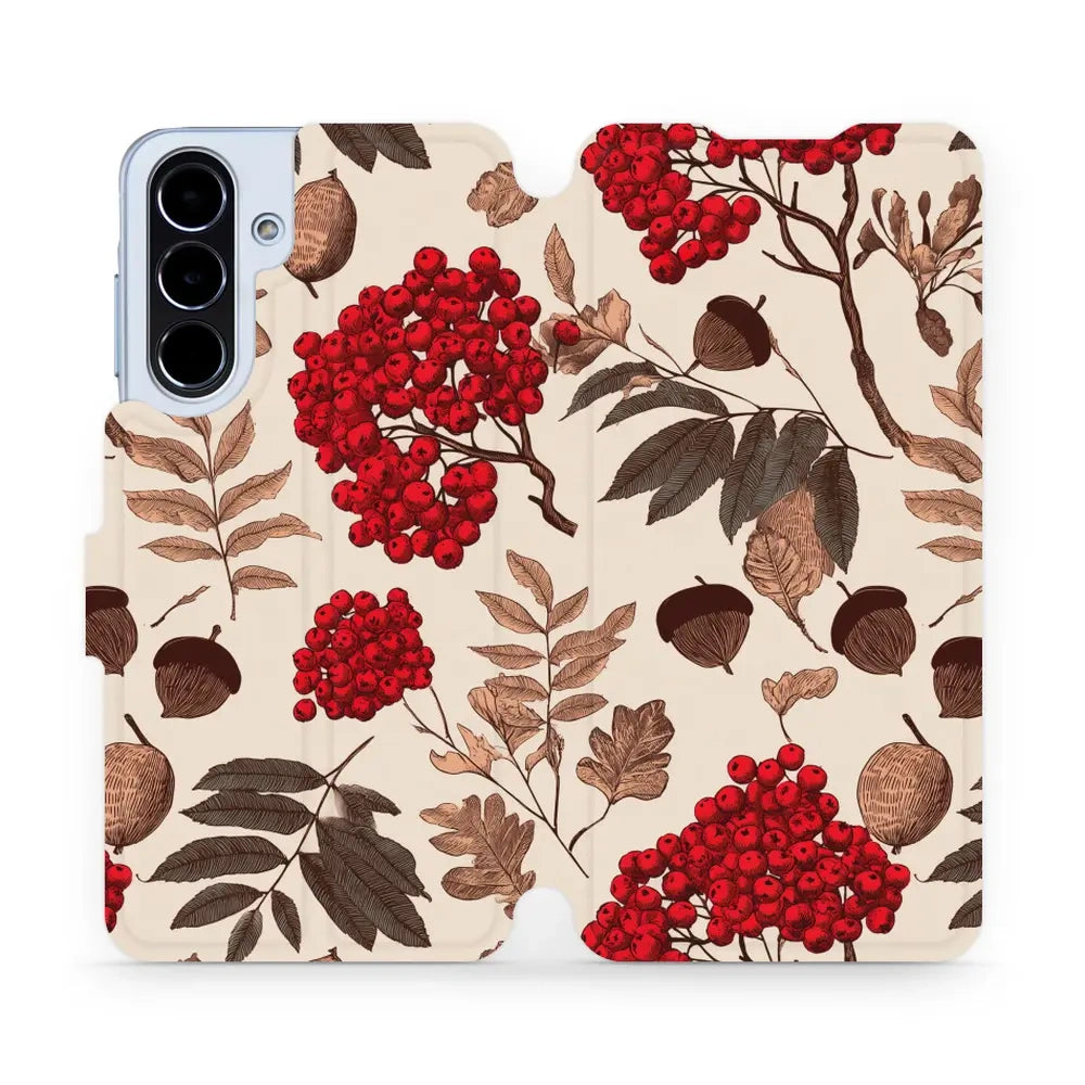 Handyhülle mit klappe für Galaxy A56 5G, Mobiwear Book, Vogelbeeren auf Ecru