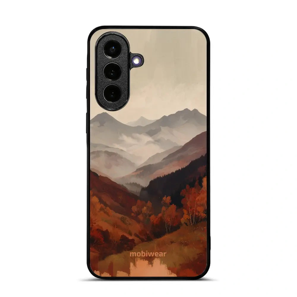 Handyhülle für Galaxy A57 5G, Mobiwear Glossy Case, Nebliges Tal in den Bergen