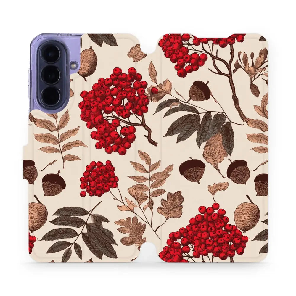 Handyhülle mit klappe für Galaxy A57 5G, Mobiwear Book, Vogelbeeren auf Ecru