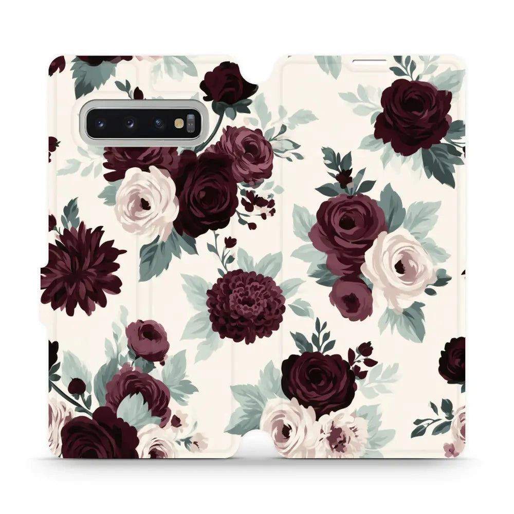 Handyhülle mit klappe für Galaxy S10 Plus, Mobiwear Book, Rosen mit Salbei auf Creme