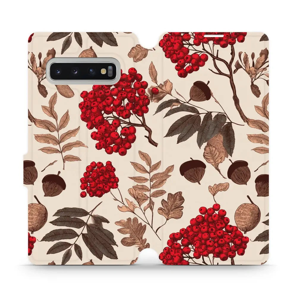 Handyhülle mit klappe für Galaxy S10 Plus, Mobiwear Book, Vogelbeeren auf Ecru