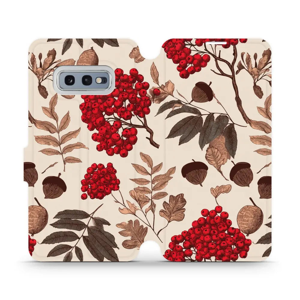 Handyhülle mit klappe für Galaxy S10e, Mobiwear Book, Vogelbeeren auf Ecru