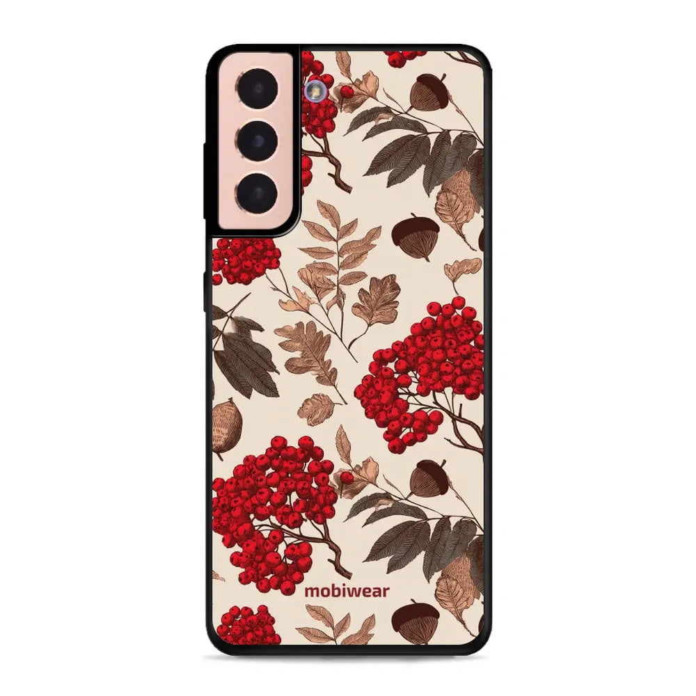 Handyhülle für Galaxy S21 5G, Mobiwear Glossy Case, Vogelbeeren auf Ecru