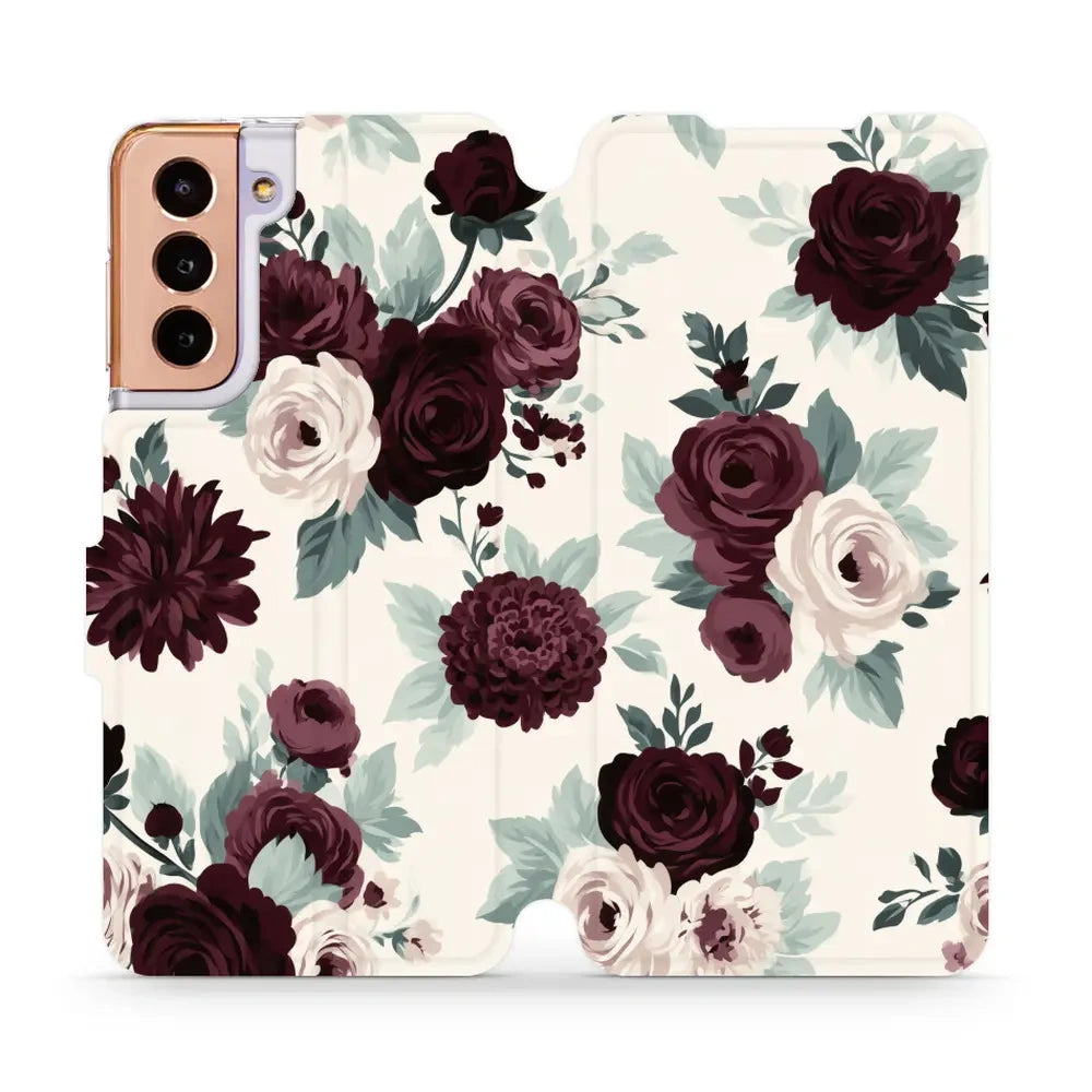 Handyhülle mit klappe für Galaxy S21 5G, Mobiwear Book, Rosen mit Salbei auf Creme