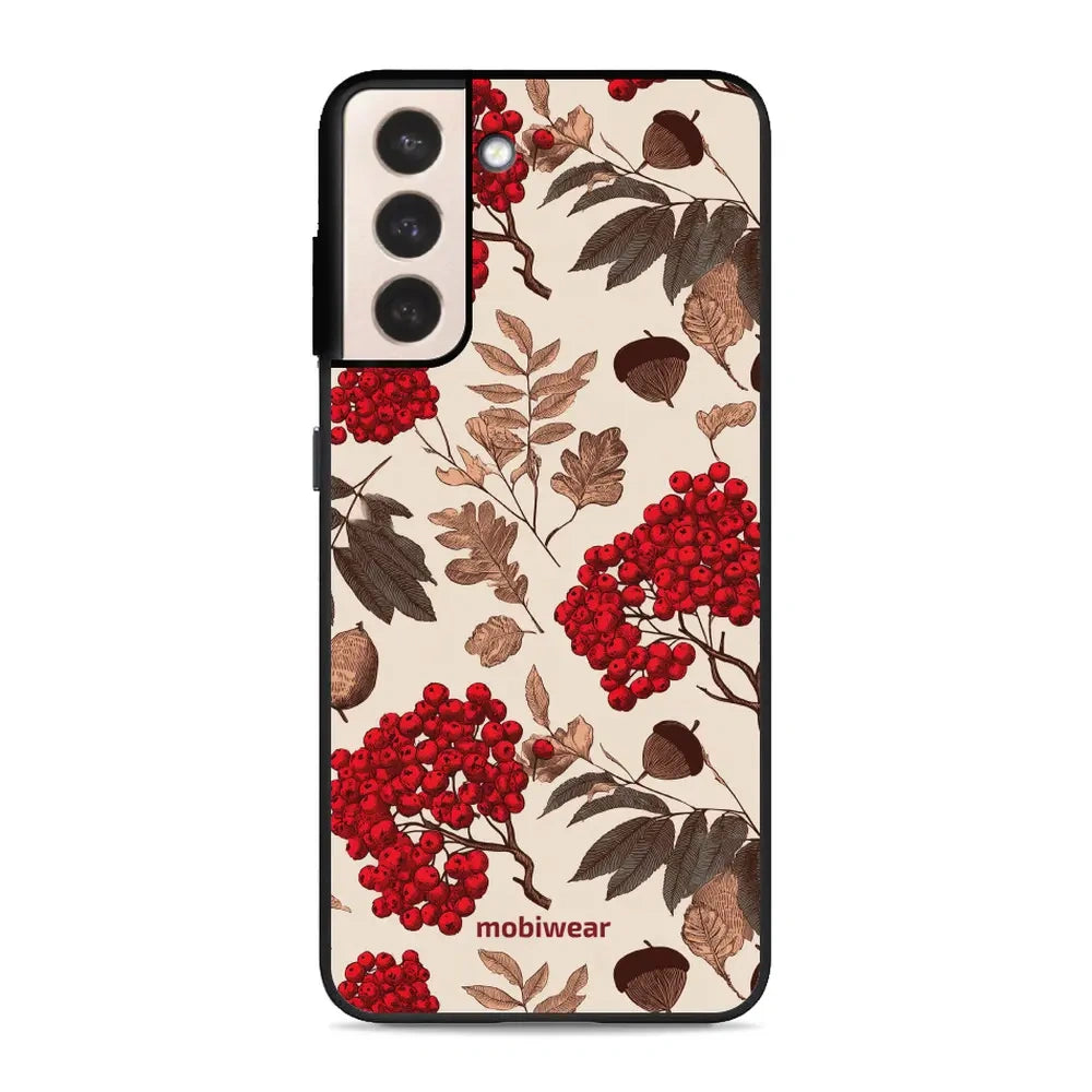 Handyhülle für Galaxy S21 Plus 5G, Mobiwear Glossy Case, Vogelbeeren auf Ecru