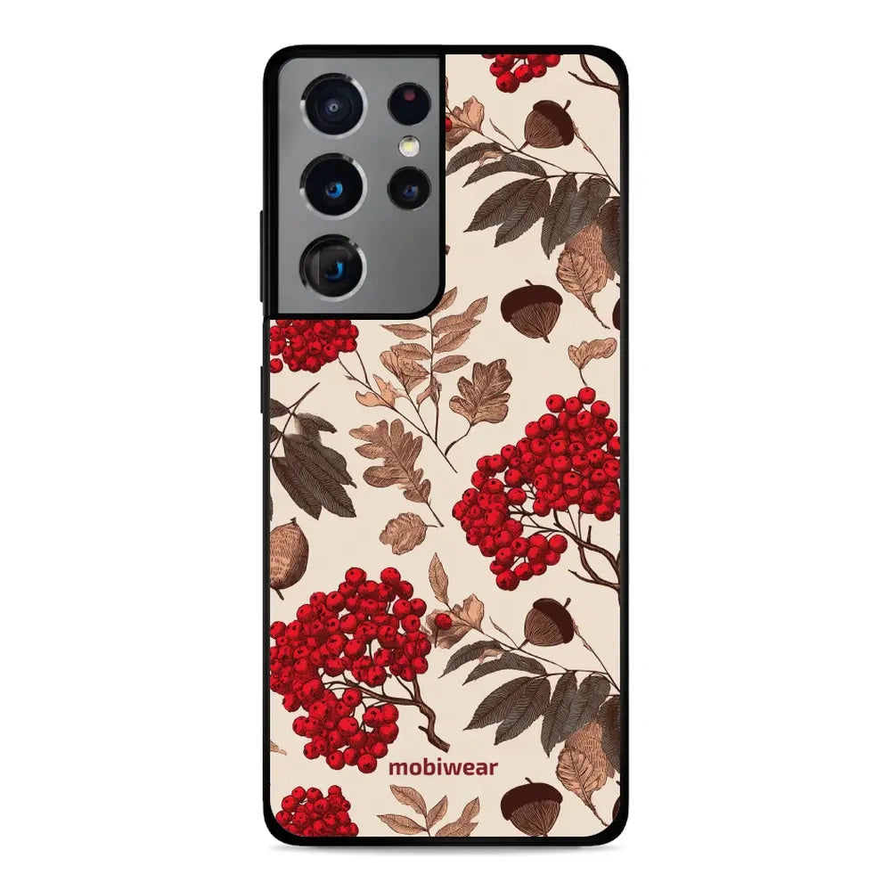 Handyhülle für Galaxy S21 Ultra 5G, Mobiwear Glossy Case, Vogelbeeren auf Ecru