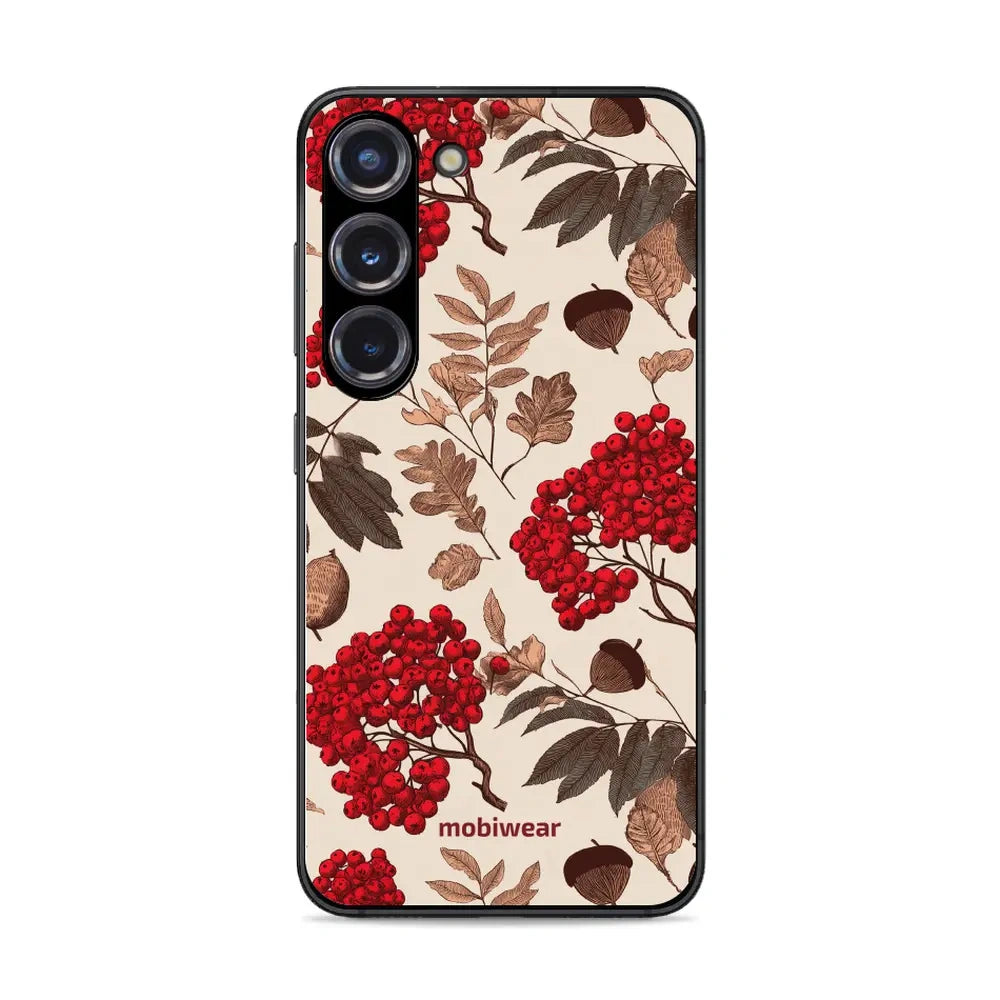 Handyhülle für Galaxy S23, Mobiwear Glossy Case, Vogelbeeren auf Ecru