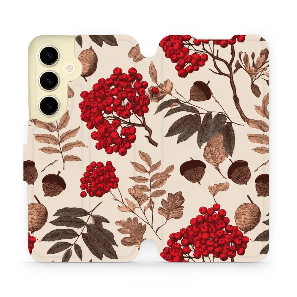 Handyhülle mit klappe für Galaxy S24, Mobiwear Book, Vogelbeeren auf Ecru