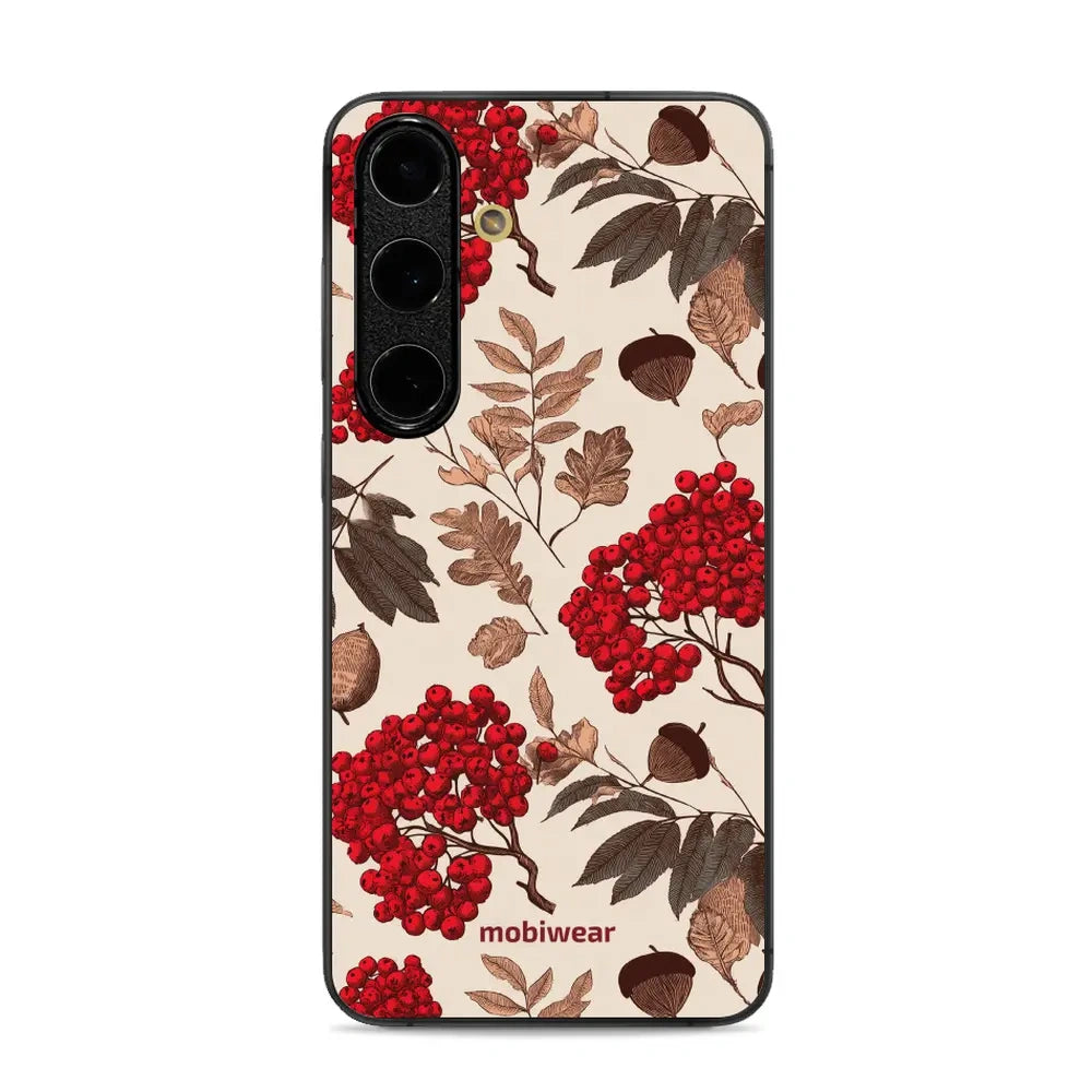 Handyhülle für Galaxy S24 FE, Mobiwear Glossy Case, Vogelbeeren auf Ecru