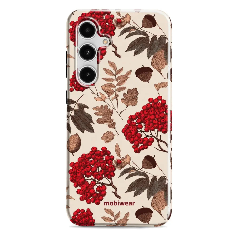 Handyhülle für Galaxy S24 FE, Mobiwear Elite Pro, Vogelbeeren auf Ecru