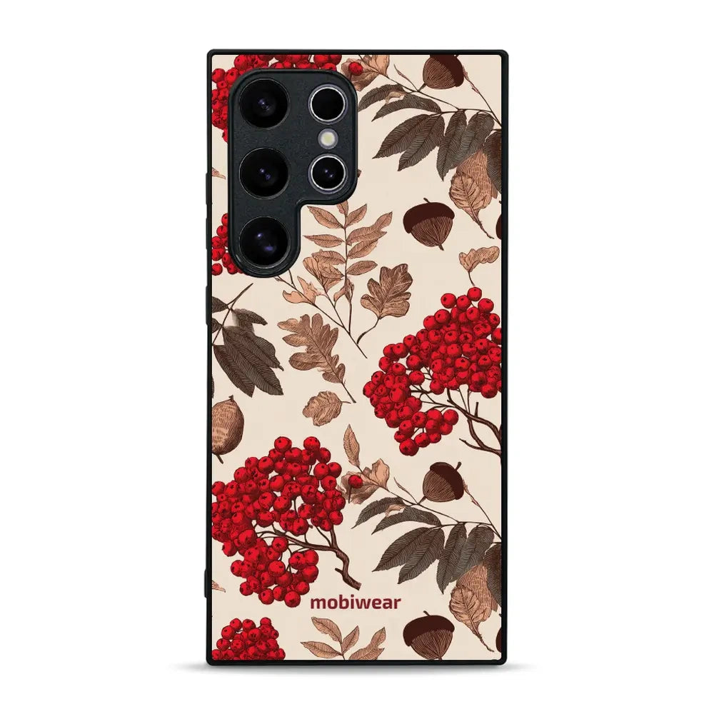 Handyhülle für Galaxy S24 Ultra, Mobiwear Glossy Case, Vogelbeeren auf Ecru