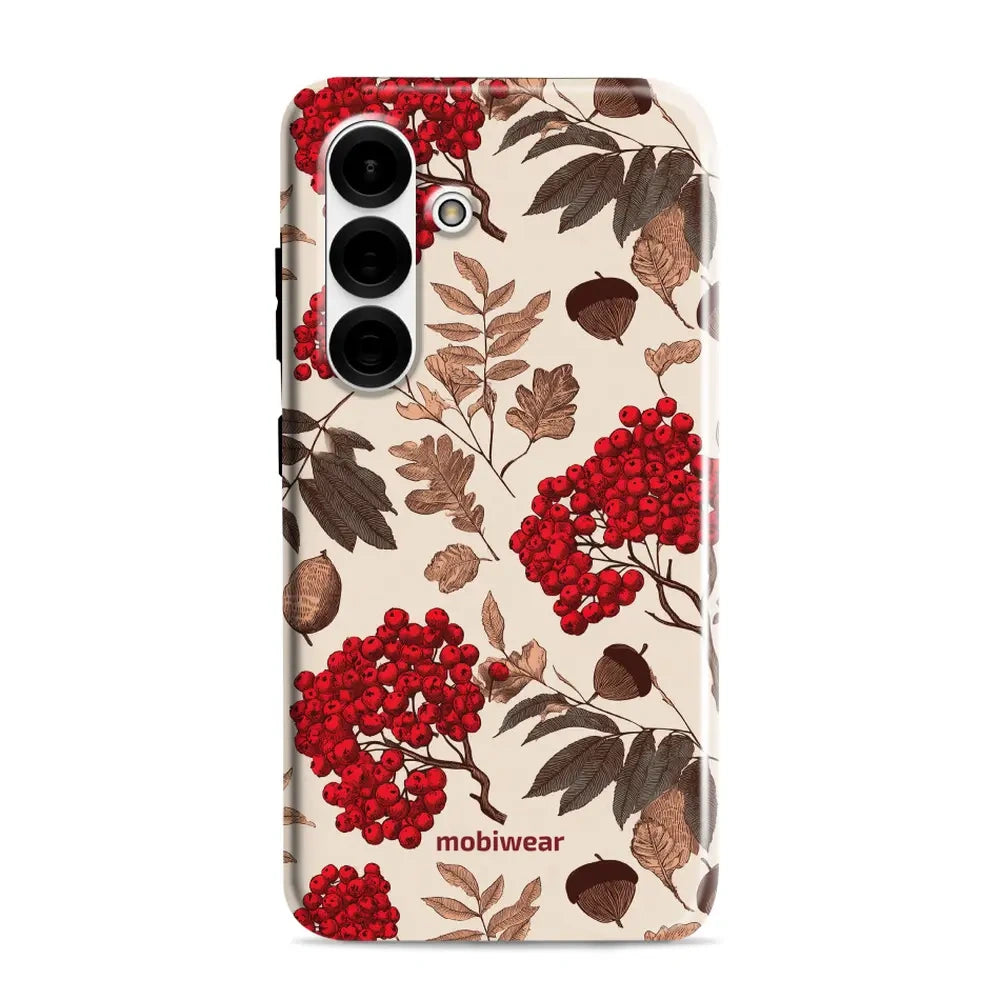 Handyhülle für Galaxy S25, Mobiwear Elite Pro, Vogelbeeren auf Ecru