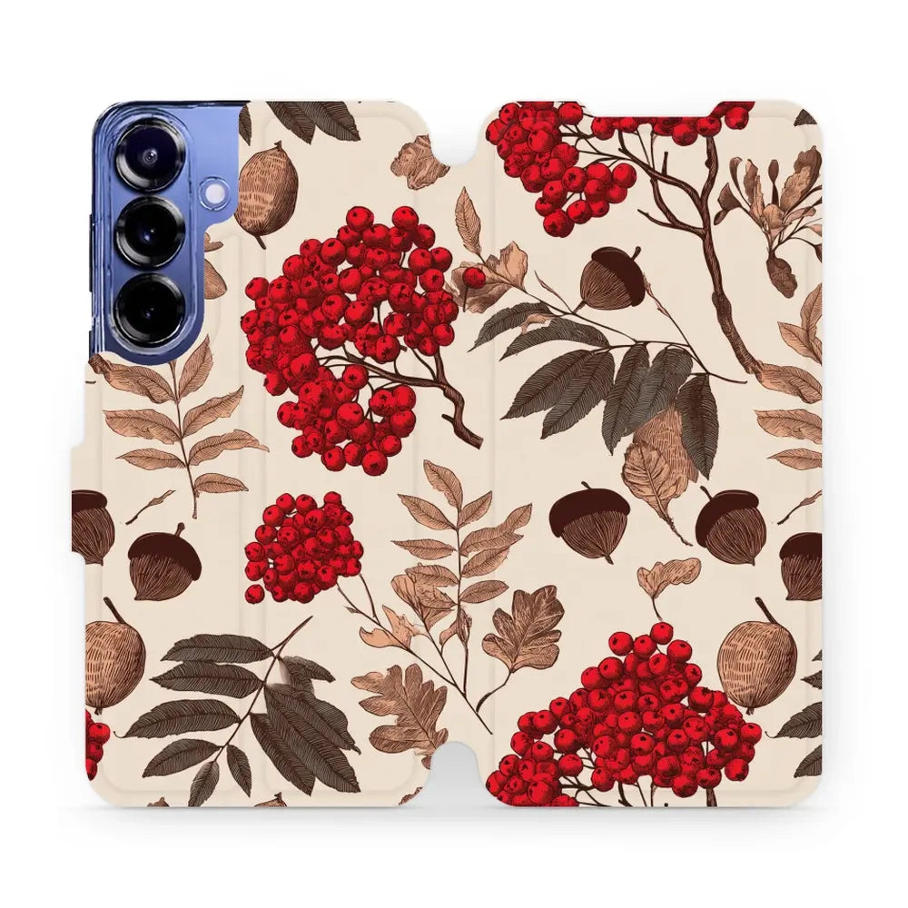 Handyhülle mit klappe für Galaxy S25 Plus, Mobiwear Book, Vogelbeeren auf Ecru