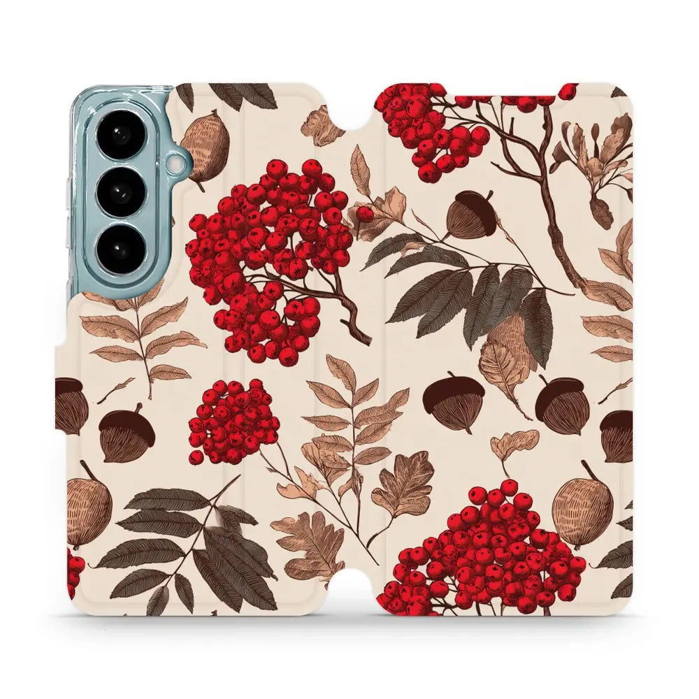 Handyhülle mit klappe für Galaxy S26, Mobiwear Book, Vogelbeeren auf Ecru