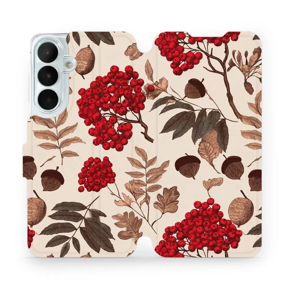 Handyhülle mit klappe für Galaxy S26 FE, Mobiwear Book, Vogelbeeren auf Ecru