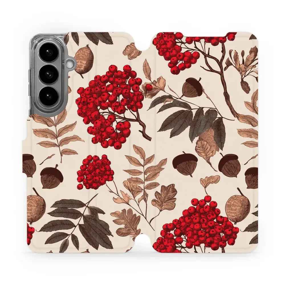 Handyhülle mit klappe für Galaxy S26 Plus, Mobiwear Book, Vogelbeeren auf Ecru