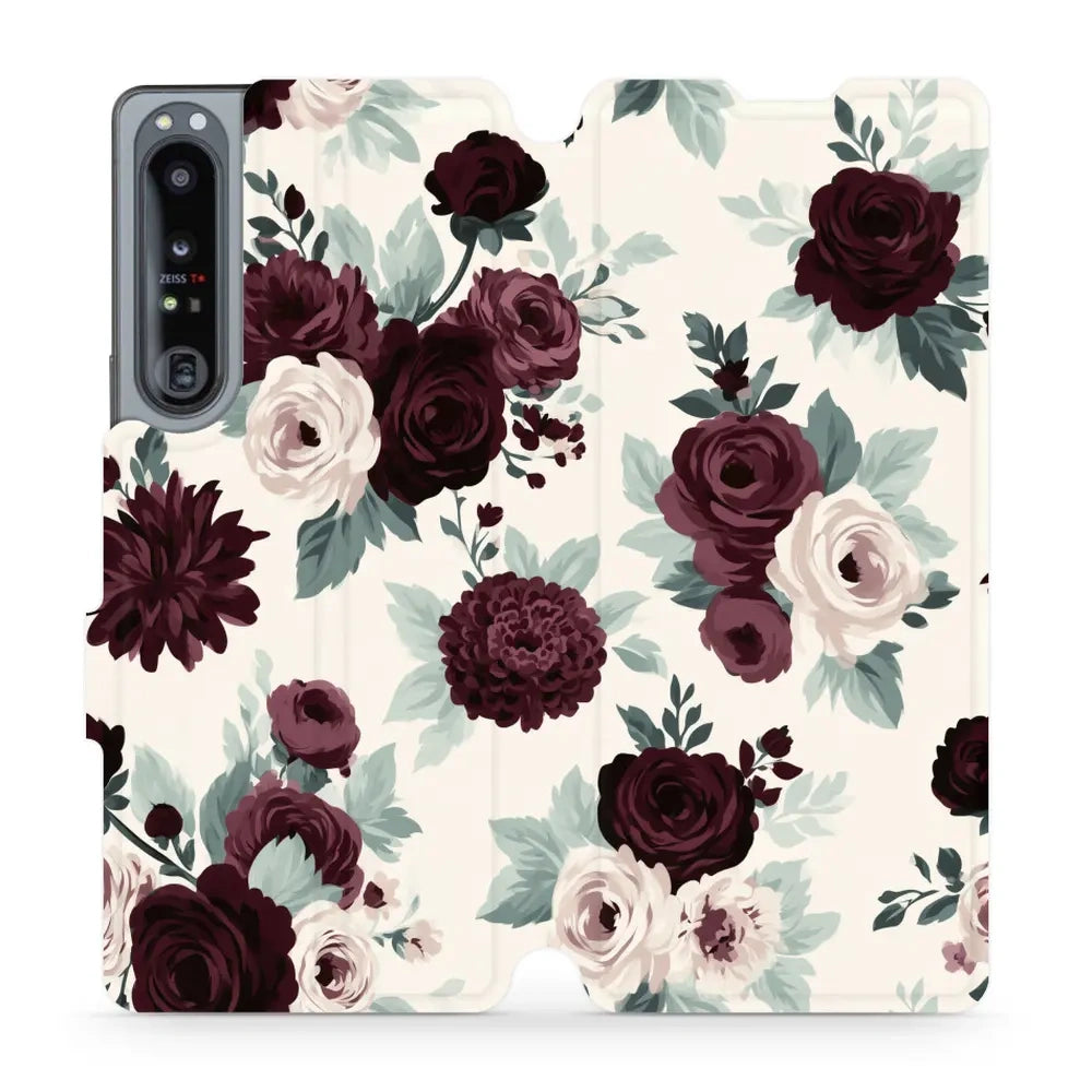 Handyhülle mit klappe für Sony Xperia 1 IV, Mobiwear Book, Rosen mit Salbei auf Creme